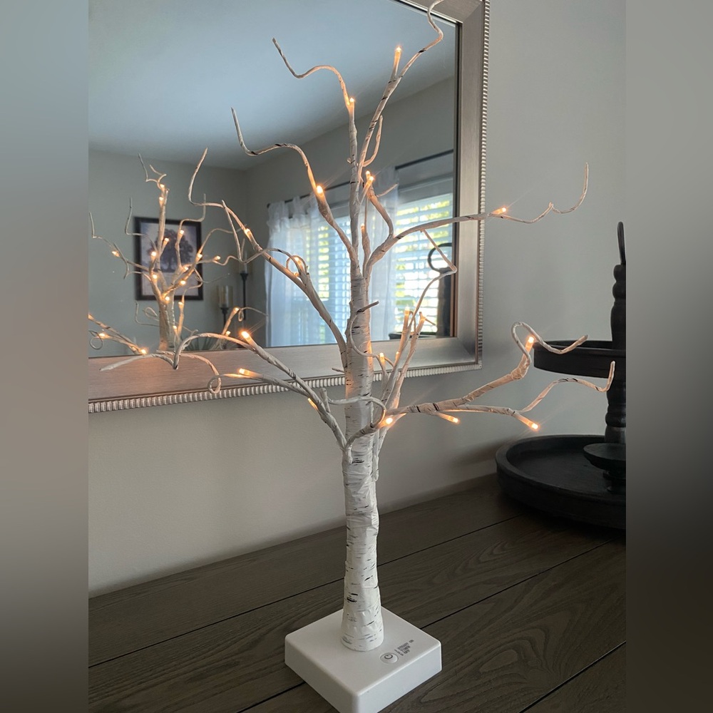 NEW in box. Tabletop birch tree with LED lights. Timer 6 hrs or steady on.